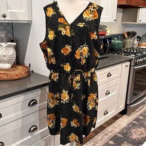 MPH Collection Womens Floral Dress 3X Black Yellow Polka Dot V-Neck Sleeveless